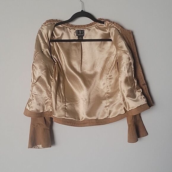 NEW INC Suede P 0 Leather Brown Tan Camel Ruffle Blazer Fitted Boho Jacket Bell - Picture 14 of 16